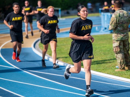 Spc. Kiana Malbas, an automated logistical specialist, performs a two-mile run during a diagnostic Army Combat Fitness Test in Los Angeles, California, July 17, 2021