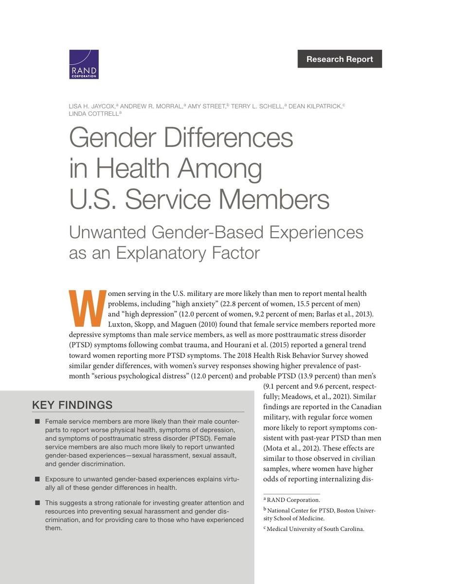 Gender Differences In Health Among Us Service Members Unwanted Gender Based Experiences As An 0836