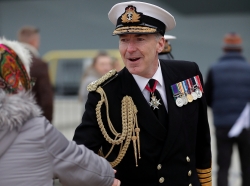 First Sea Lord Admiral Tony Radakin CB ADC Speaks to guests as HMS Prince of Wales arrives in Portsmouth, photo by LPhot Ben Corbett/Royal Navy Imagery Database
