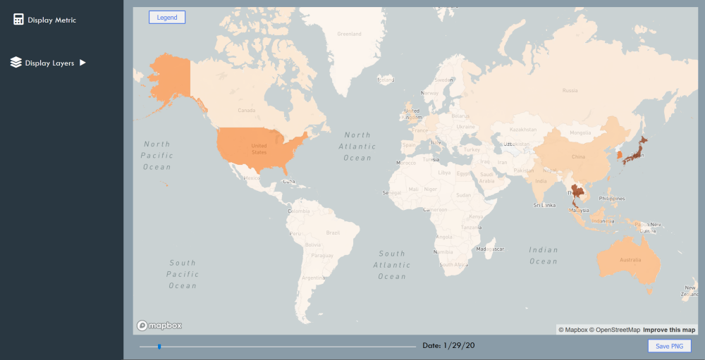 Screenshot of the CAT-V tool showing inbound risk of COVID-19 on January 29, 2020, as a global heat map. The countries most at risk, portrayed by darker shades of red, correspond to the eight highest-risk countries described in the paragraphs preceding this figure.