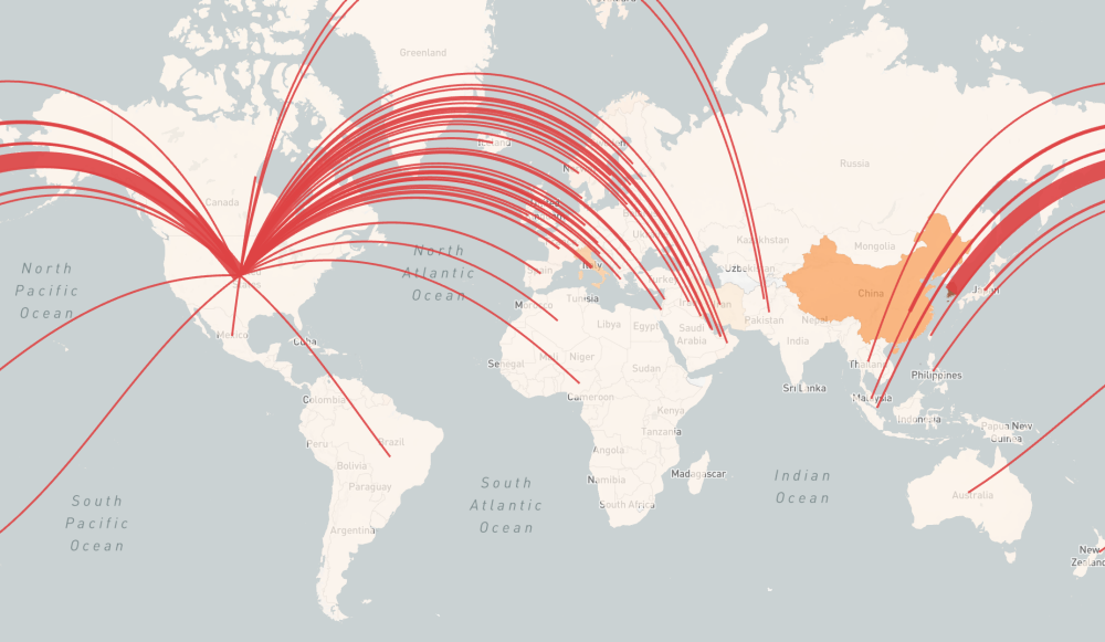 A global heat map of inbound COVID-19 risk is overlaid with red lines showing air travel routes to the United States from countries throughout Europe and Southeast Asia. The line from South Korea is thickest, showing the highest risk to the U.S. of importing COVID-19.