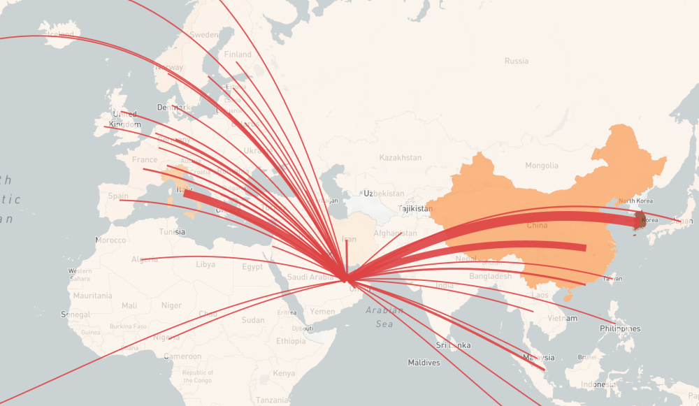 A heat map centered on the United Arab Emirates shows the risk of importing COVID-19 from various countries. Red lines show air travel routes to the UAE from countries throughout Europe, Southeast Asia, and beyond.