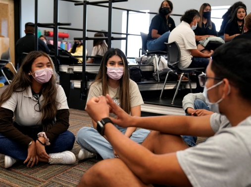 Students wear masks during class to prevent the spread of COVID-19 at Santa Fe South High School in Oklahoma City, Oklahoma, September 1, 2021