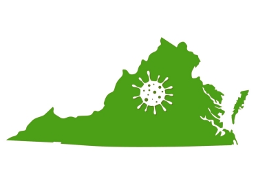 Map of the state of Virginia with a virus on it, illustration by Maxchered/Getty Images