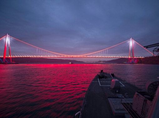 The USS Carney, a missile-guided destroyer, approaches the Bosphorus Strait on its way out of the Black Sea