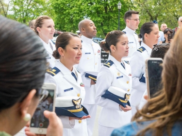 Members of a U.S. Coast Guard Officer Candidate School class and an NOAA Basic Officer Training Course class at a graduation ceremony May 9, 2017, photo by PO3 Nicole Barger/U.S. Coast Guard