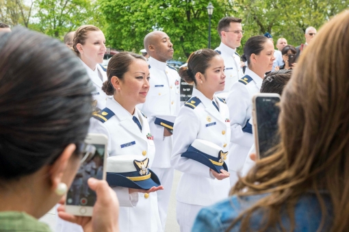 Members of a U.S. Coast Guard Officer Candidate School class and an NOAA Basic Officer Training Course class at a graduation ceremony May 9, 2017