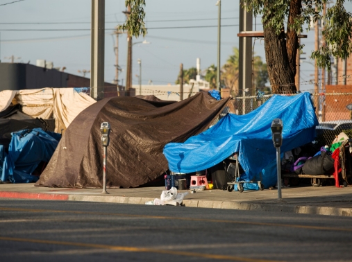 Homeless encampments along Central Avenue in downtown Los Angeles, California