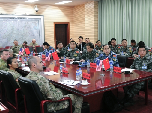 Army personnel from the U.S. and China participate in expert academic dialogue during the U.S.-China Disaster Management Exchange, in Kunming, China, November 2016