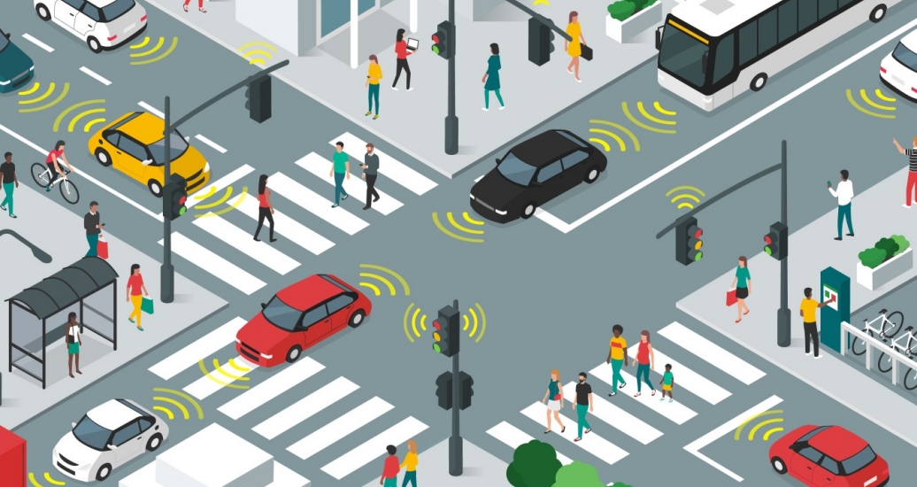 Illustration of smart transportation, people and vehicles moving in city streets using sensors, photo by elenabsl/Adobe Stock