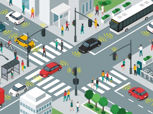 Illustration of smart transportation, people and vehicles moving in city streets using sensors