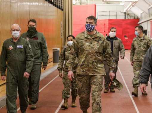 U.S. Air Force Brig. Gen. R. Scott Lambe (left), Task Force Southeast Deputy Commanding General, and U.S. Army Col. Larry Dewey (center), Defense Coordinating Officer, Federal Emergency Management Agency Region III, alongside various personnel, asses the Koehler Field House, located at East Stroudsburg University, Stroudsburg, Pa., April 14, 2020, photo by Pfc. Daniel J. Alkana, 22nd Mobile Public Affairs Detachment/U.S. Army