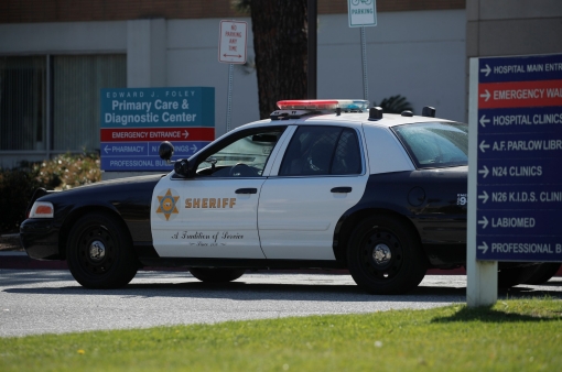 A Los Angeles County Sheriffs vehicle patrols the Harbor-UCLA Medical Center in Torrance, California, February 24, 2021