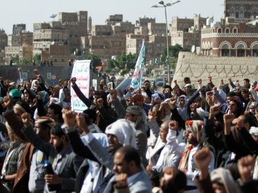Supporters of the Houthi movement take part in a rally marking the anniversary of launching their motto (Sarkha) in which they call for death to America and death to Israel in Sanaa, Yemen, June 28, 2019, photo by Mohamed al-Sayaghi/Reuters