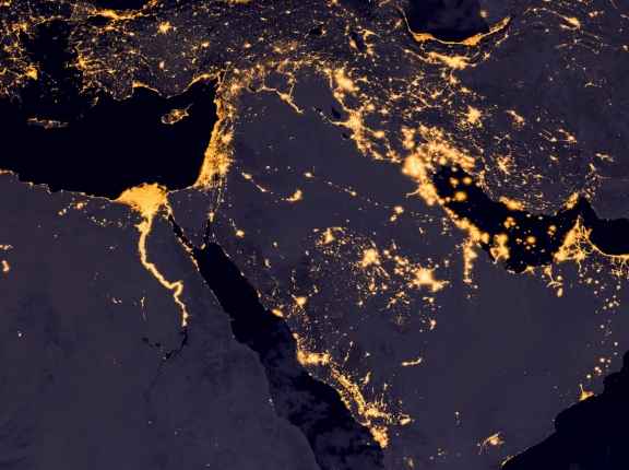 A view from space of the Middle East, West Asia, and East Europe at night, photo by wael alreweie/Getty Images