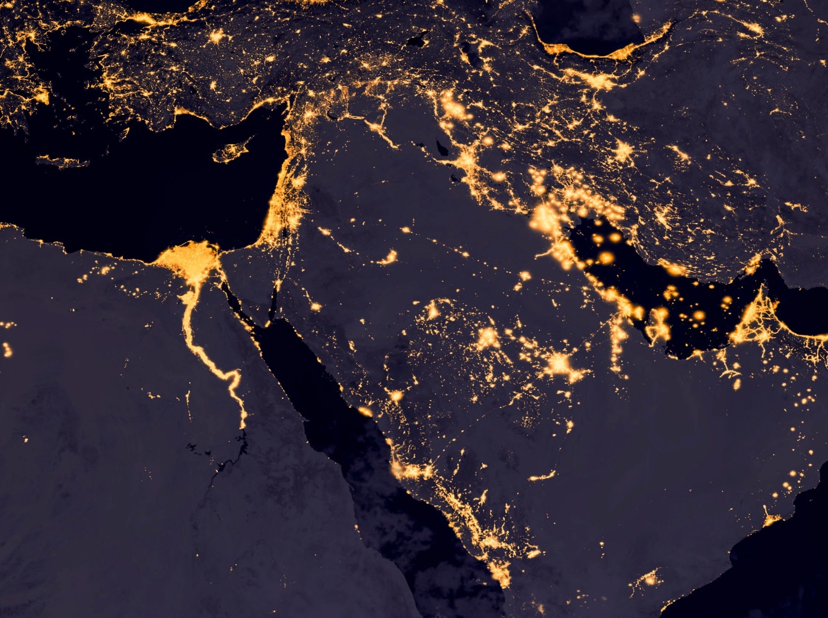 A view from space of the Middle East, West Asia, and East Europe at night