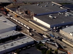 A freight train derailed in Northridge, California after an earthquake measuring 6.6 on the Richter scale hit the Los Angeles area Janaury 17, 1994