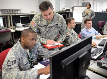 Joint service and civilian personnel concentrate on exercise scenarios during "Cyber Guard 2015."