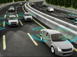 An illustration of autonomous cars on a road