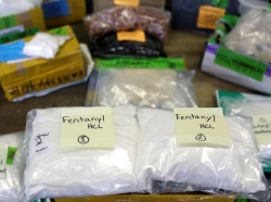 Plastic bags of Fentanyl are displayed on a table at the U.S. Customs and Border Protection area at the International Mail Facility at O'Hare International Airport in Chicago, Illinois, November 29, 2017