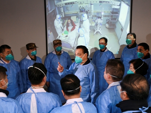 Chinese Premier Li Keqiang speaks to medical workers at the Jinyintan hospital during the coronavirus outbreak, Wuhan, China, January 27, 2020