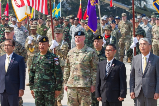 Army Maj. Gen. Pete Johnson, the U.S. Army, Pacific deputy commanding general, and his foreign counterparts during a ceremony in Phitsanulok Province, Thailand, Feb. 25, 2020