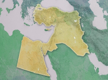 Map of the Middle East with countries in the Levant highlighted