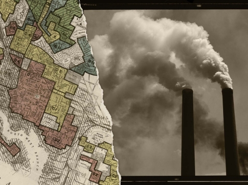 An old, torn map is pictured on top of an image of a smokestack