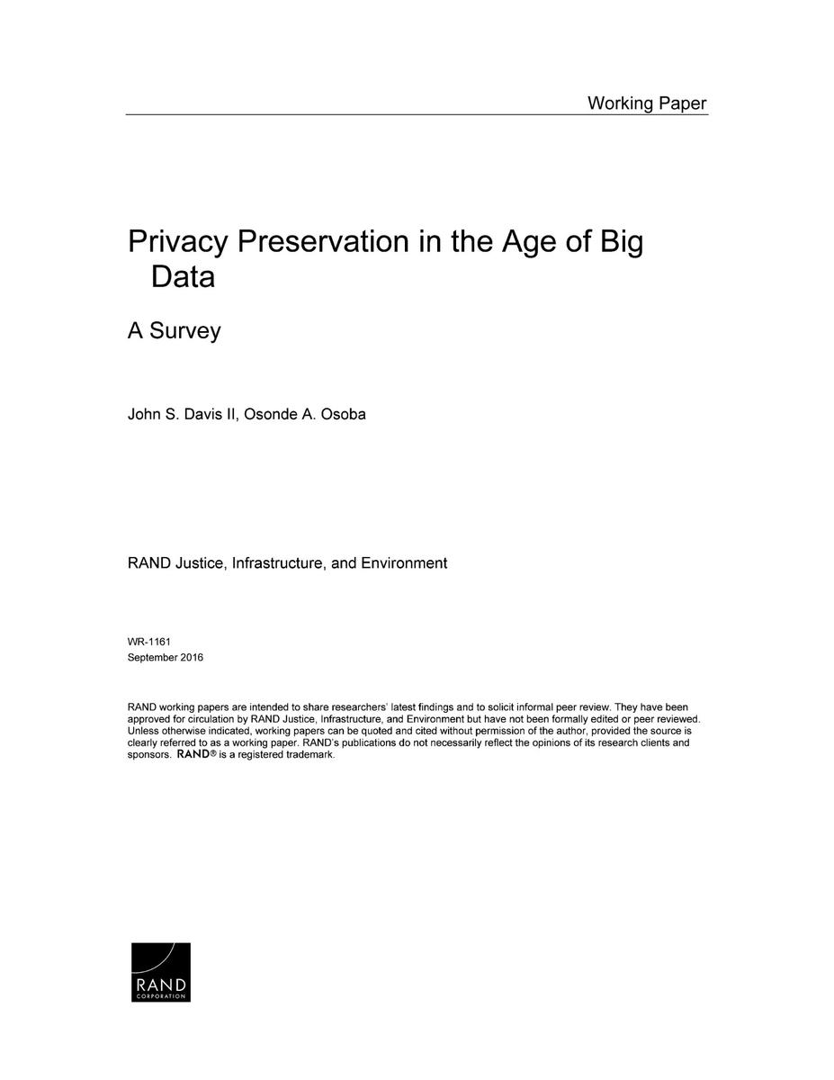 Privacy Preservation In The Age Of Big Data: A Survey | RAND