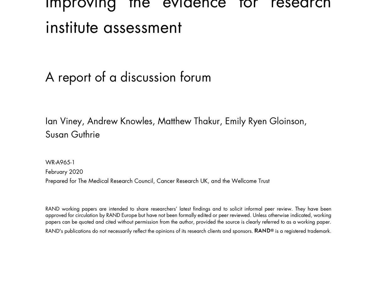 Improving the evidence for research institute assessment: A report of a  discussion forum | RAND