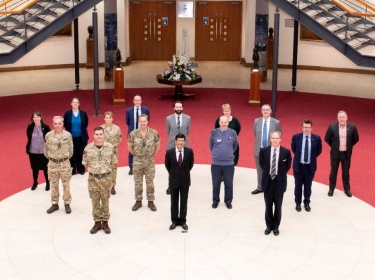The Command and Staff Academic Provision (CSAP) contract award team is pictured in the Joint Services Command and Staff College at the Defence Academy with [front row, left to right]: Major General Andrew Roe, Chief Executive and Commandant of the Defence Academy of the United Kingdom; Professor Shitij Kapur, President & Principal of King’s College London; Lieutenant General Sir George Norton KCVO CBE, Commandant of the Royal College of Defence Studies, photo by Kevin Schwaerzler, Ministry of Defence/Crown Copyright