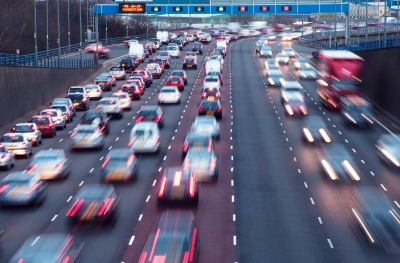 Rush hour on the A38(M) urban motorway at Aston, Birmingham, UK.