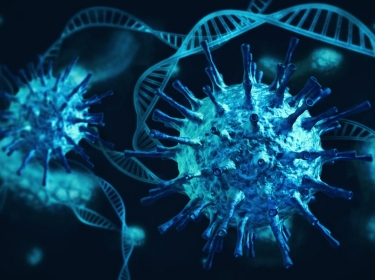 Blue coronavirus cells and DNA, illustration by matejmo/Getty Images
