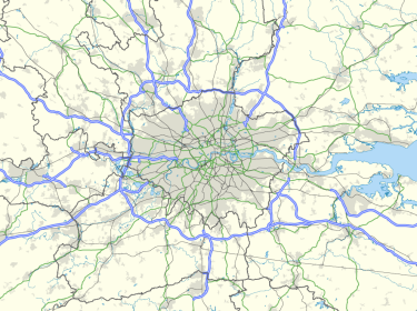 An approximate view of the London Commuter Belt showing commuter towns and the main road and rail links into the city. Urban areas in and around London are grey.