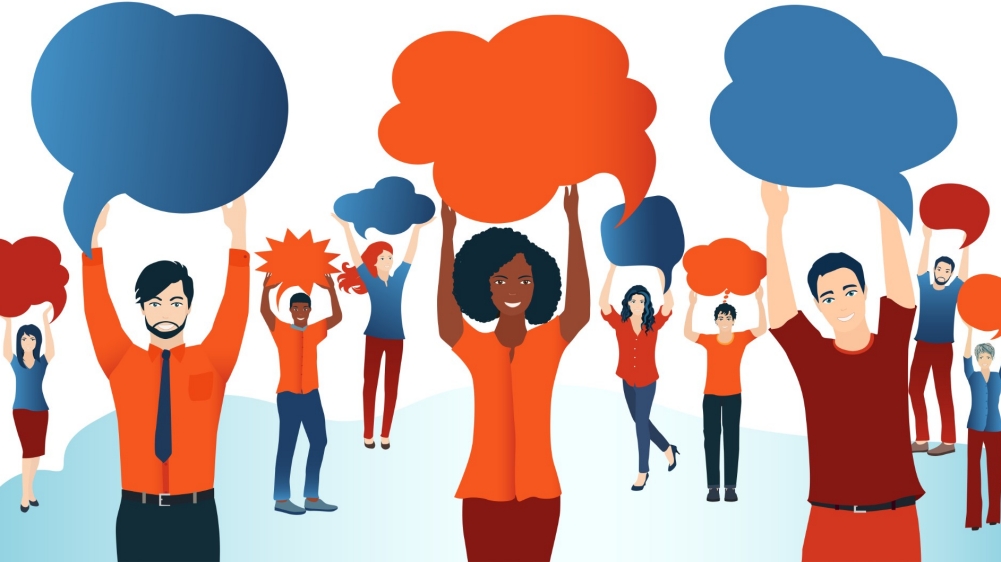 Group of diverse people with speech bubbles, illustration by melita/Adobe Stock