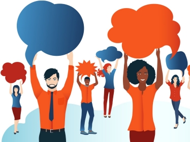 Group of diverse people with speech bubbles, illustration by melita/Adobe Stock