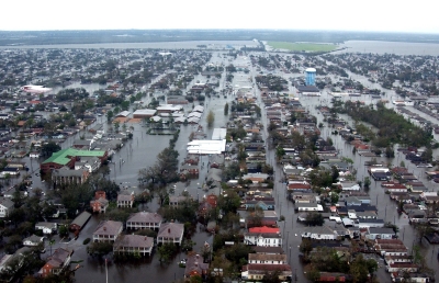 Flooded neigborhoods in New Orleans, following Hurricane Katrina, seen from a Coast Guard damage assessment flight.