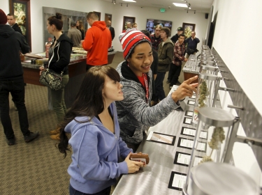 Young adults browse samples at Shango Cannabis on the first day of legal recreational marijuana sales in Portland, Oregon, October 1, 2015