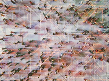 An aerial view of a crowd of people overlaid on an abstract geometric pattern. Illustration by gremlin / Getty Images